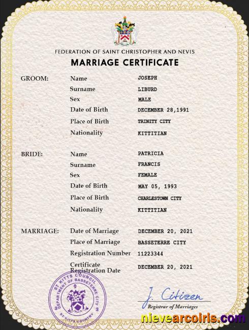 Saint Kitts and Nevis marriage certificate